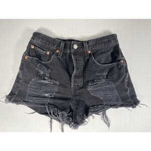 Levis 501 Shorts Womens 27 Black Button Fly Denim Cut Off High Rise Distressed